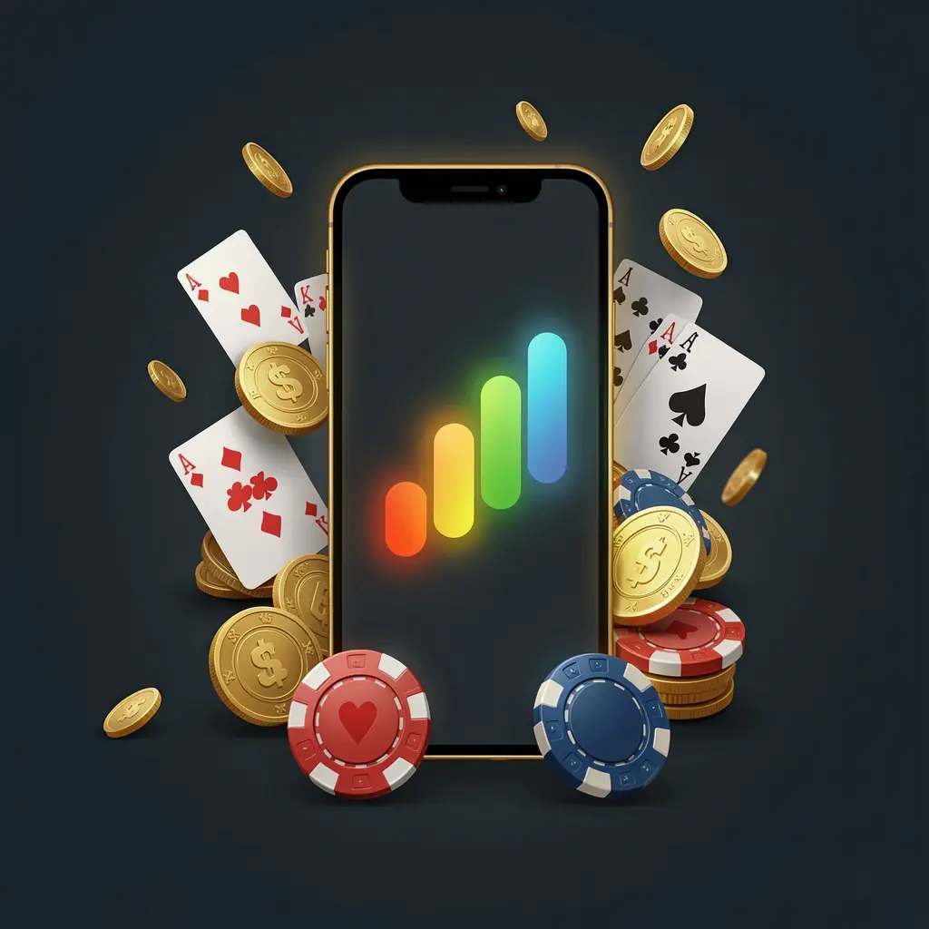 KLU77 casino app installation on smartphone with glowing progress bar, surrounded by coins, chips, and cards on a dark background