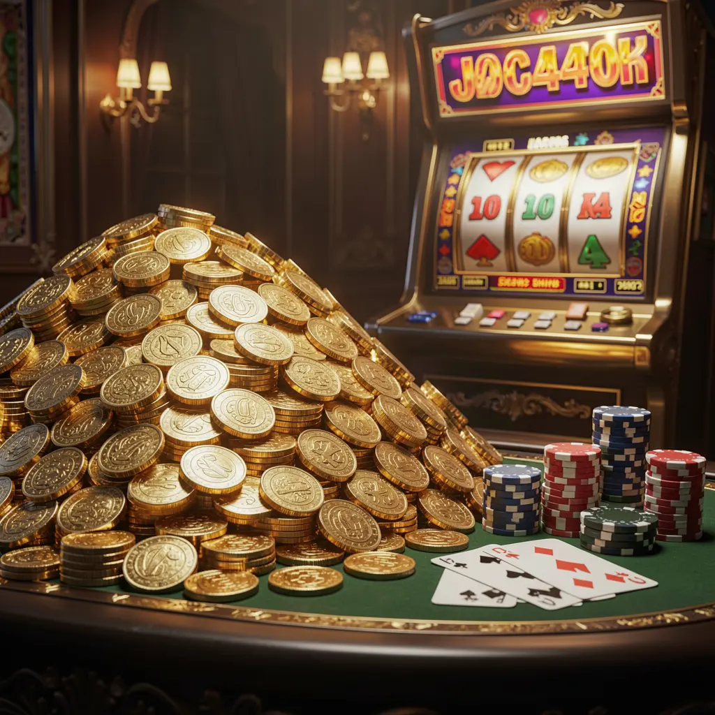 KLU77 online casino jackpot bonus scene with a massive pile of golden coins, slot machine in the background, glowing jackpot lights, poker chips and playing cards on a luxury table under dramatic cinematic lighting