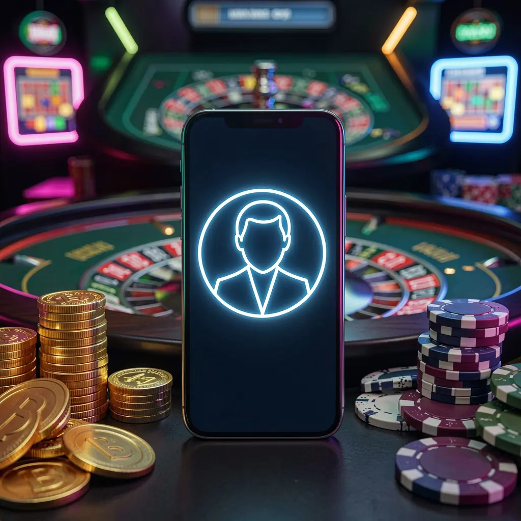 KLU77 online casino login hero image featuring a modern phone with a glowing profile icon, roulette lights in the background, and golden coins and poker chips in a premium dark neon atmosphere