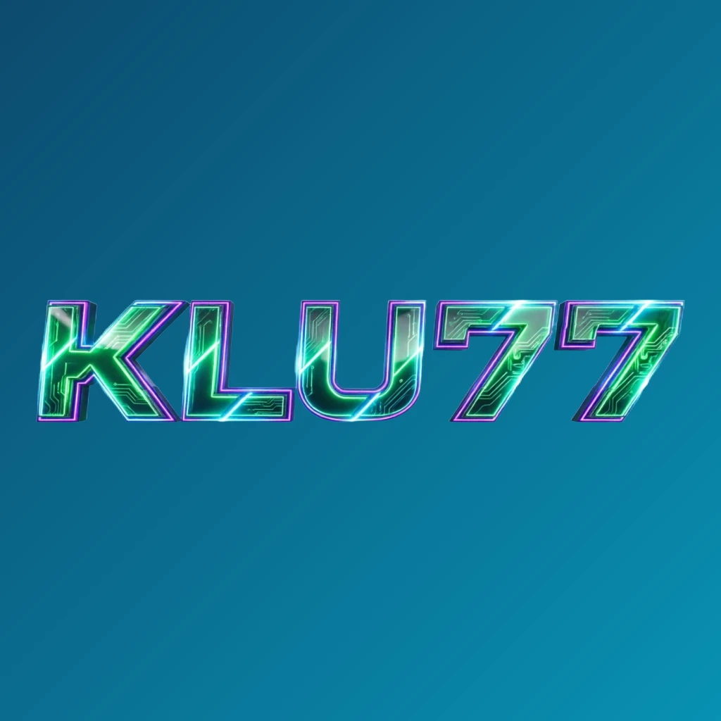 Futuristic neon logo of KLU77 with thick angular typography and vivid green, blue, and purple glow featuring sharp tech-inspired details on a transparent background