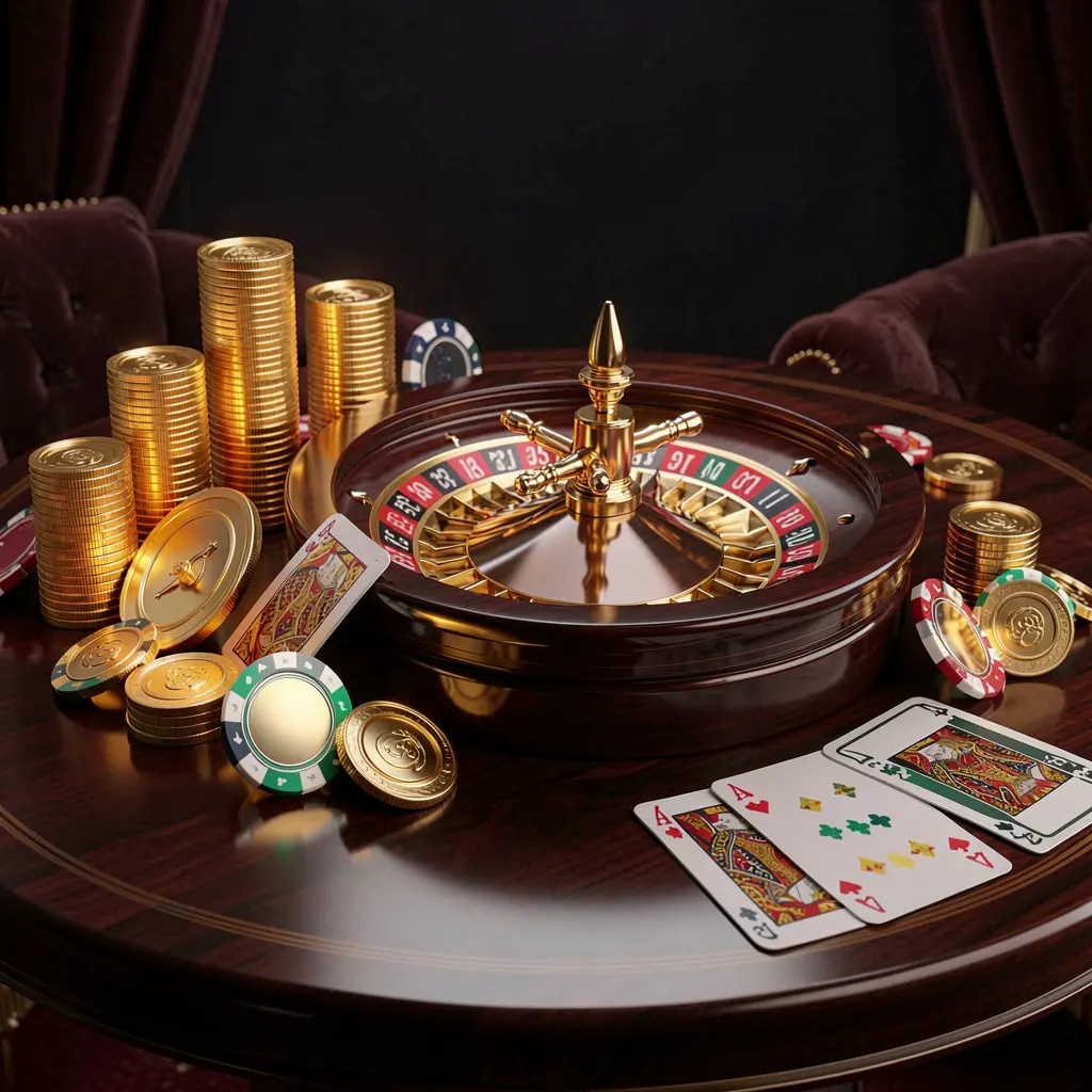 KLU77 premium online casino banner featuring golden coins, glowing chips, roulette wheel, and cards on a glossy table with an elegant dark background in a high detail realistic 3D render
